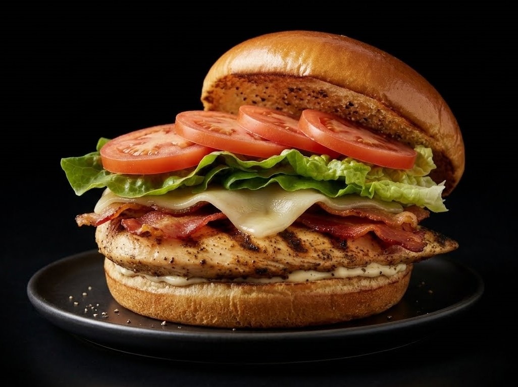 Grilled chicken sandwich with bacon, swiss cheese, lettuce and tomatoes
