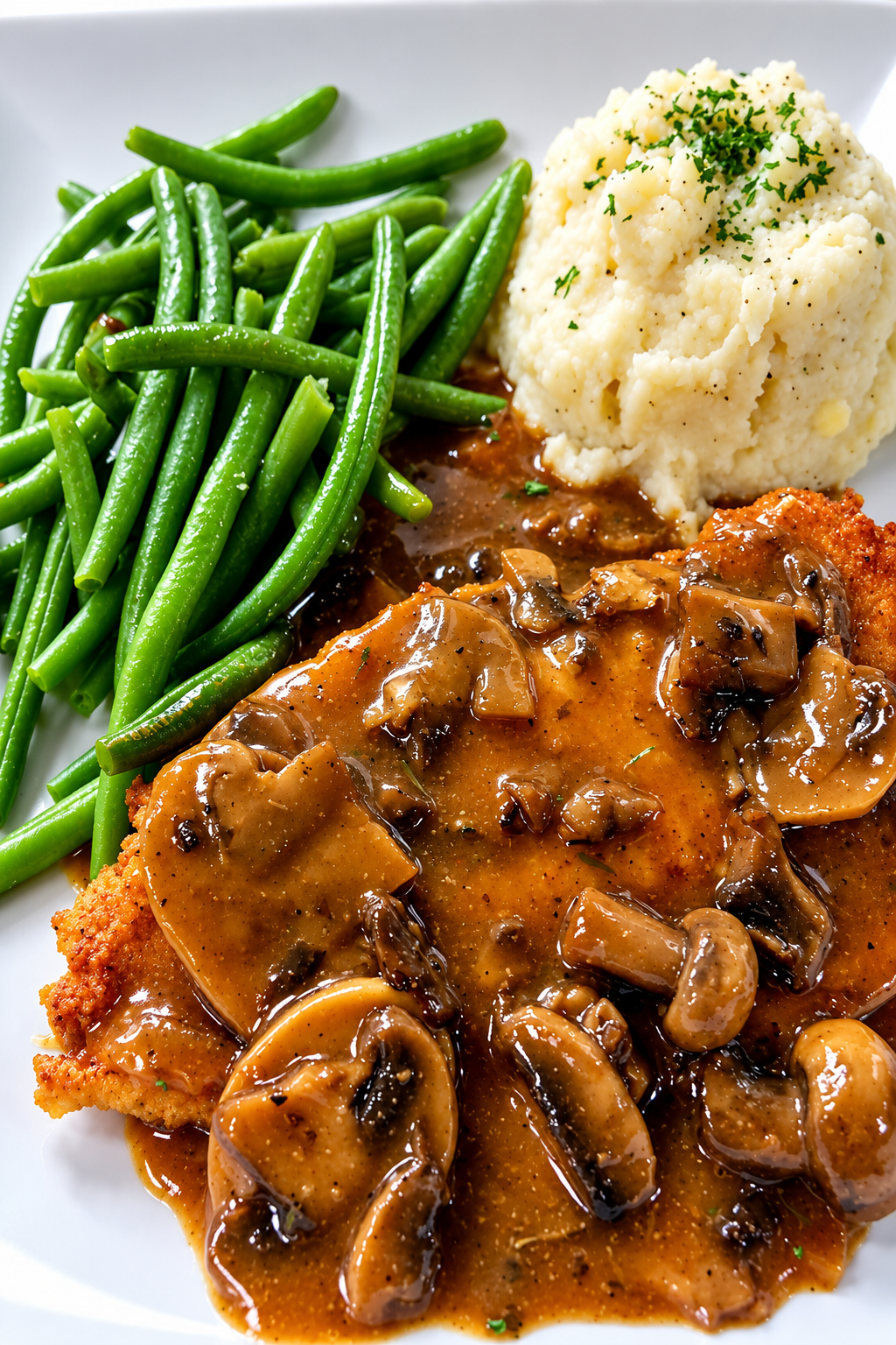 Mushroom gravy schnitzel with mashed potatoes and green beans