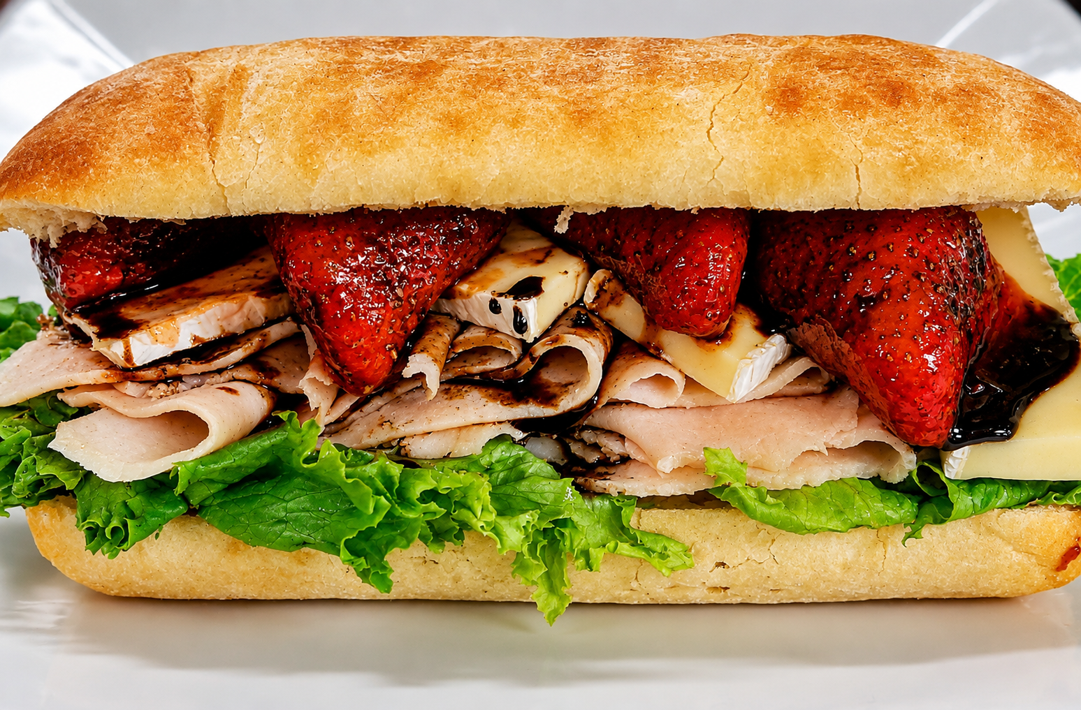 Gourmet roasted pepper turkey hoagie with brie, strawberries and balsamic glaze on ciabatta