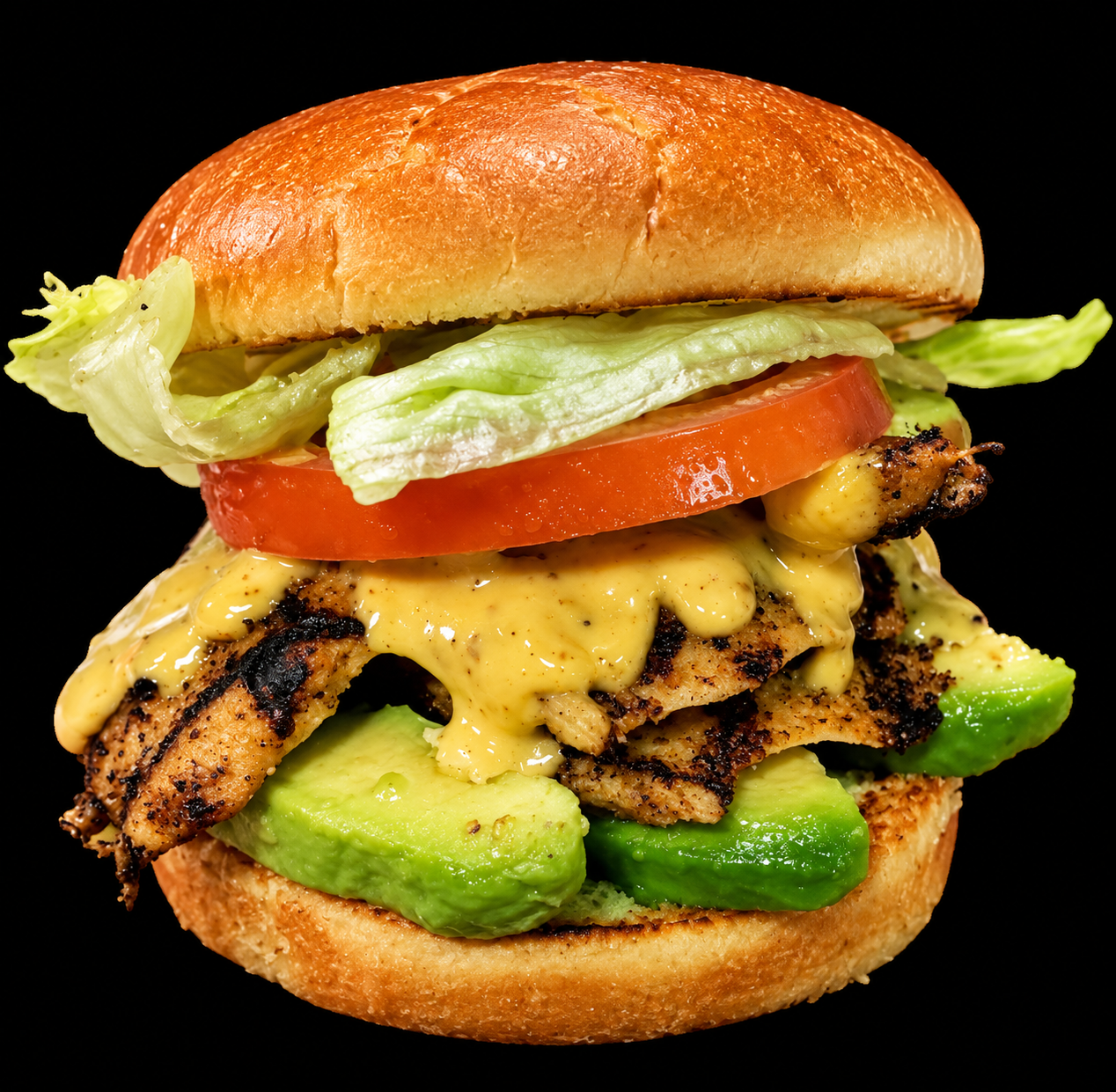 Grilled chicken avocado burger with melted cheese, tomato and lettuce